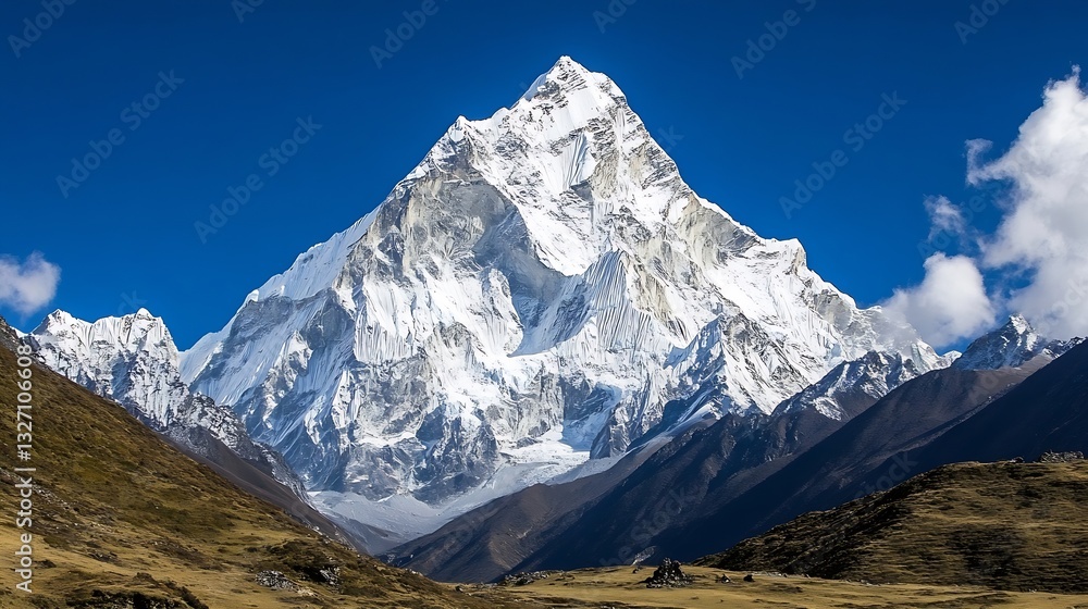Poster majestic snow capped mountain peak under a clear blue sky with fluffy clouds in the background : gen