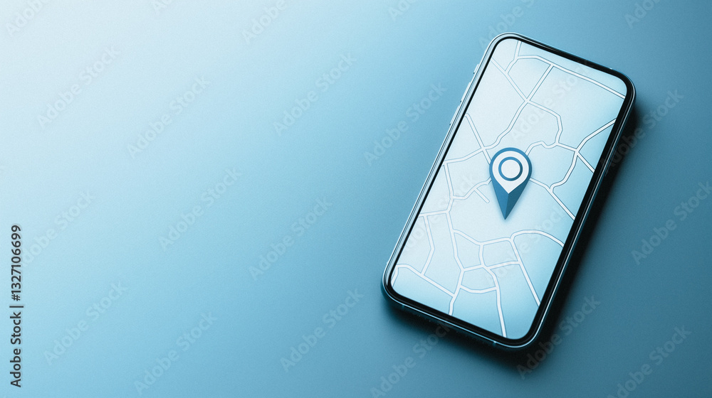 Poster mobile navigation: a modern smartphone displays a navigation app, pinpointing a location with a digi