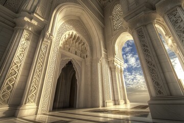 Fototapeta premium Majestic Islamic architecture, ornate entrance, mosque interior, sunlight streaming in