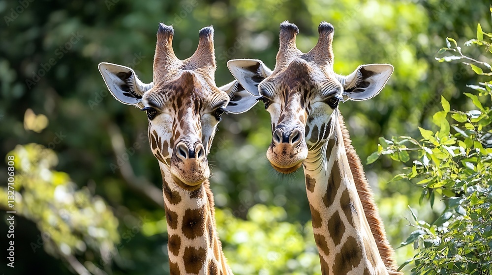 Poster Two playful giraffes standing closely in a natural environment showcasing their unique patterns : Generative AI