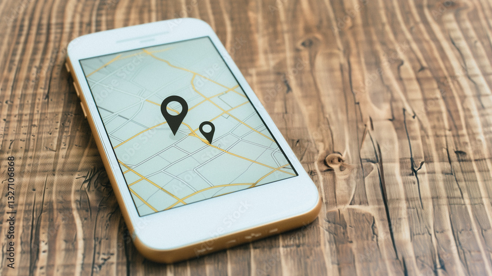 Poster mobile gps navigation: a smartphone rests on a wooden surface, the screen displaying a map with gps 
