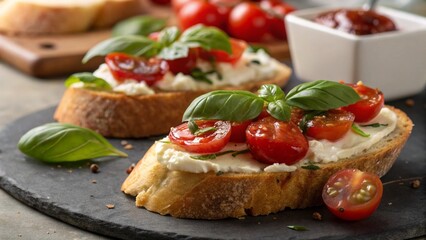 Appetizing bruschetta with ripe cherry tomatoes, soft cheese spread, and fragrant basil garnish, presented on a dark stone platter.  The bruschetta is arranged in a visually appealing way, ideal for f