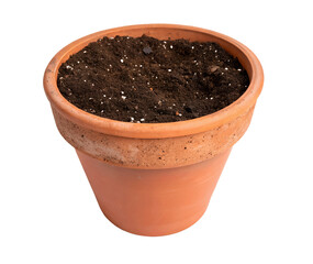 Terracotta flower pot filled with rich soil mix, isolated on white background, high-quality cutout, perfect for gardening, plant care, and nursery visuals
