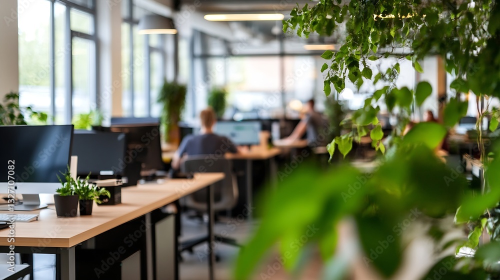 Poster modern office space with green plants and workstations for collaborative work : generative ai