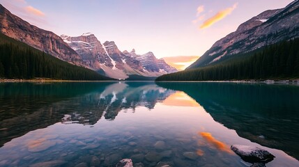 Stunning Mountain Reflection in Crystal Clear Lake at Sunset with Vibrant Colors : Generative AI