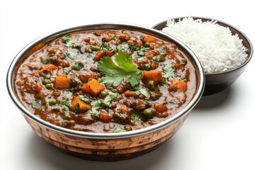 Aromatic vegetable curry with vibrant cilantro garnish served alongside fluffy white rice culinary delight