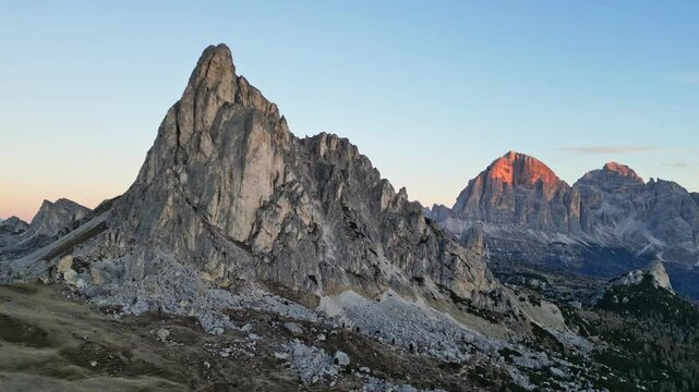 Aerial view of ra gusela at sunrise with a breathtaking mountain landscape, Passo Giau, Cortina d'Ampezzo, Belluno, Italy.