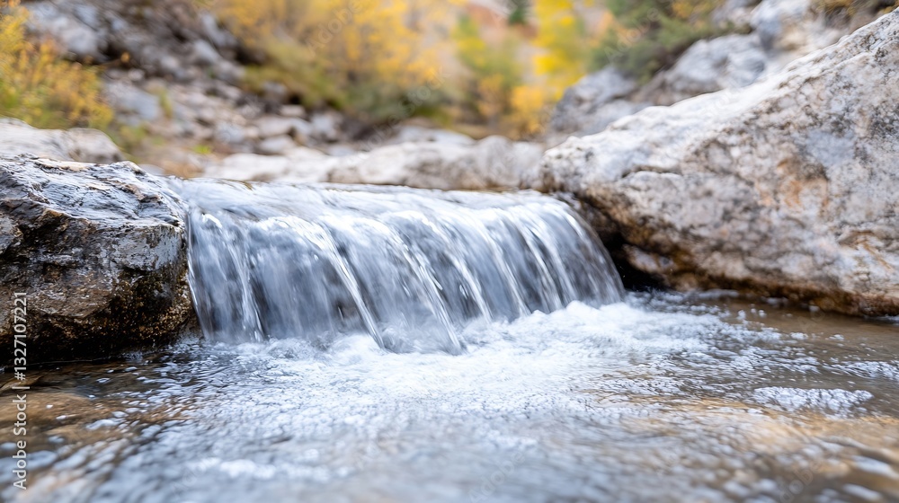 Poster CloseUp of a Gentle Waterfall Cascading Over Rocks Surrounded by Autumn Colors : Generative AI