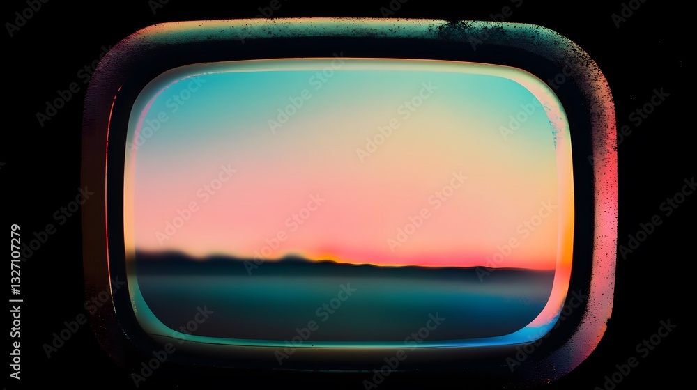 Poster a colorful sunset scene framed within a rounded rectangular opening
