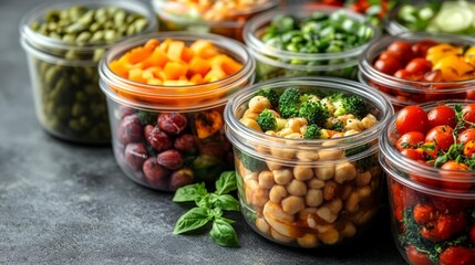 Various Healthy Meal Prep Ingredients in Clear Containers Ready for Cooking. Generative AI