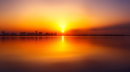 Naklejka premium Serene sunset over a city skyline reflecting on calm waters, creating a tranquil atmosphere