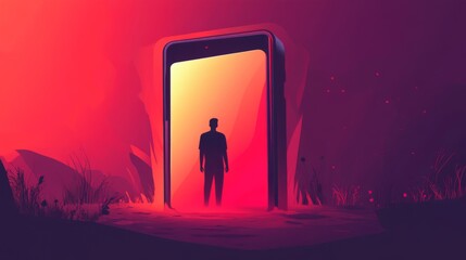 Surreal sunset silhouette with mobile device portal concept art
