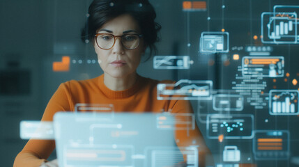 Innovation at Work: A focused woman with glasses meticulously working on a laptop surrounded by an augmented reality overlay, representing modern technology and digital transformation.