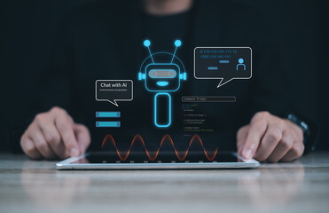 A modern depiction of artificial intelligence featuring a chatbot responding to voice commands, illustrating advanced technology in communication.