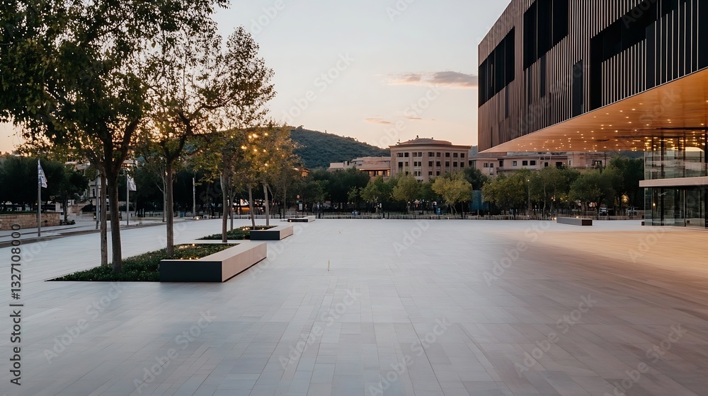 Poster Empty Outdoor Plaza Surrounded by Green Trees and Modern Architecture : Generative AI