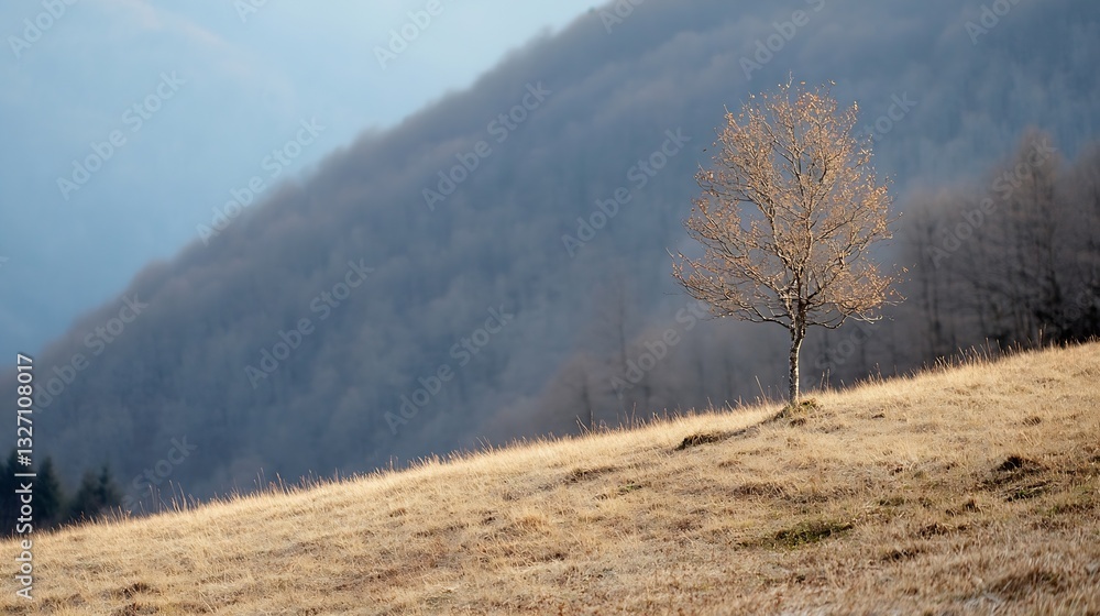 Poster lonely tree on hillside surrounded by soft light and mountainous background : generative ai