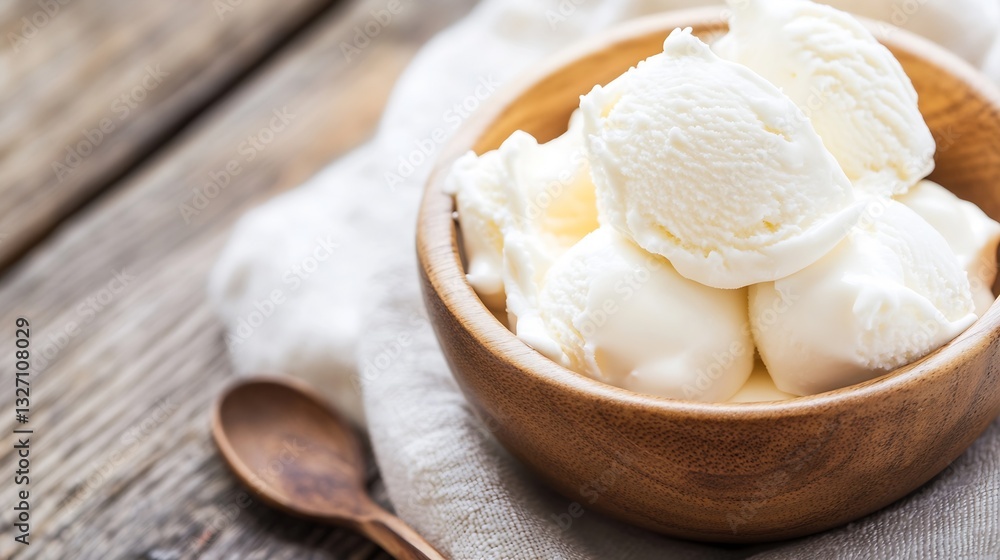 Aufkleber creamy scoops of vanilla ice cream in a rustic wooden bowl set against a cozy background : generativ