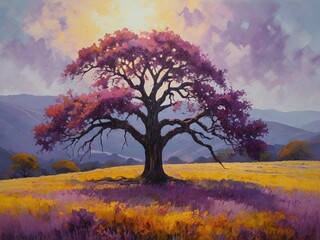 A painting of a sunset in the wonderful landscape with a purple old tree and mountains in the background.