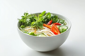 Refreshing Vietnamese Pho Soup Bowl with Fresh Herbs and Vibrant Vegetables on White Clean Background