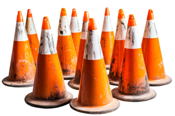 Group of orange traffic cones on transparent background