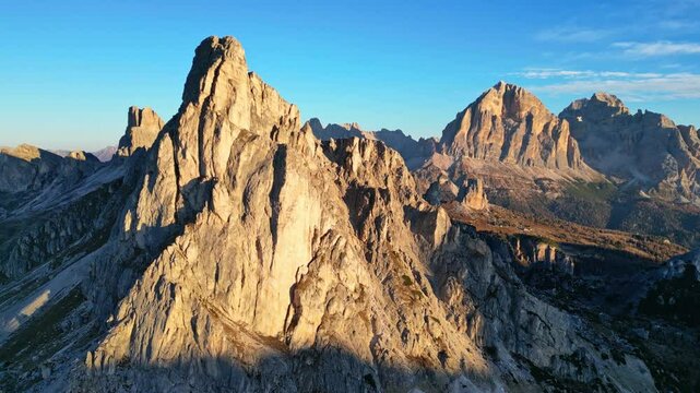 Aerial view of ra gusela at sunrise with a breathtaking mountain landscape in the dolomites, Passo Giau, Belluno, Cortina d'Ampezzo, Italy.