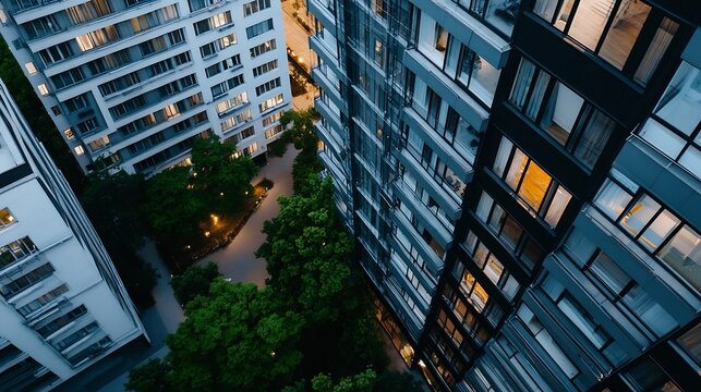 Aerial View of Urban Residential Buildings Surrounded by Lush Greenery in a Modern Cityscape : Generative AI