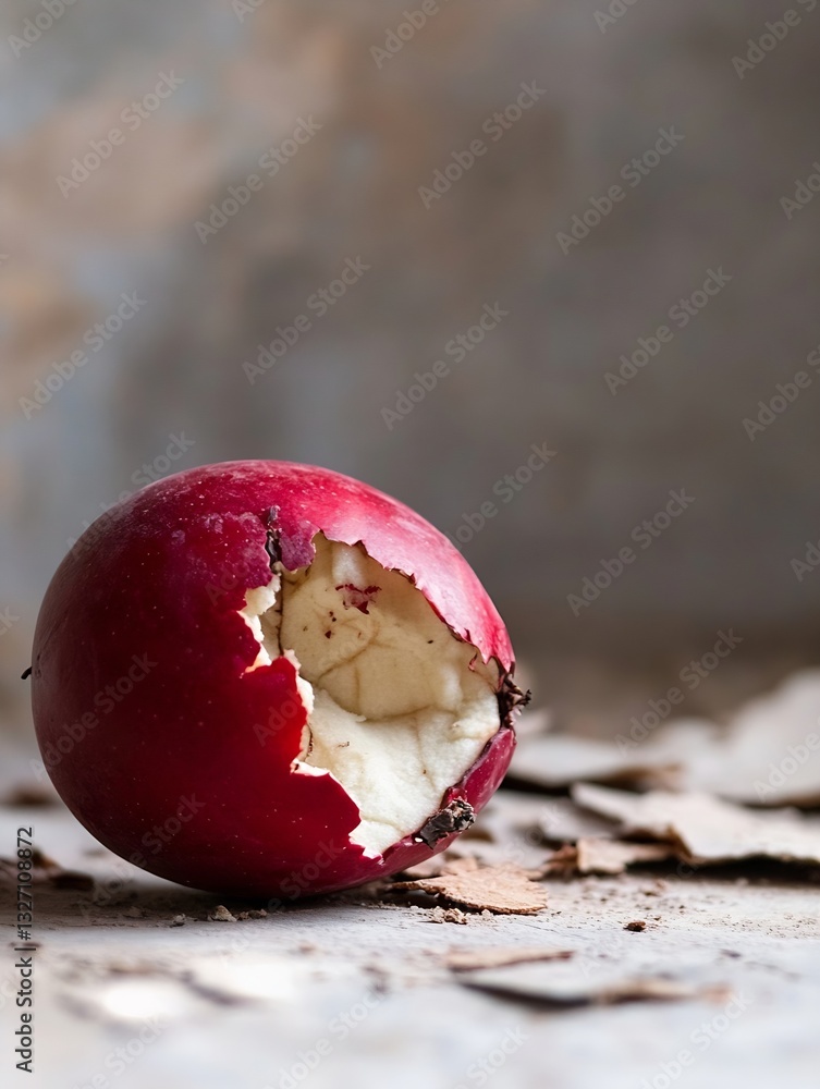 Poster decayed apple with a bite taken out lying on a textured surface surrounded by natural materials : ge