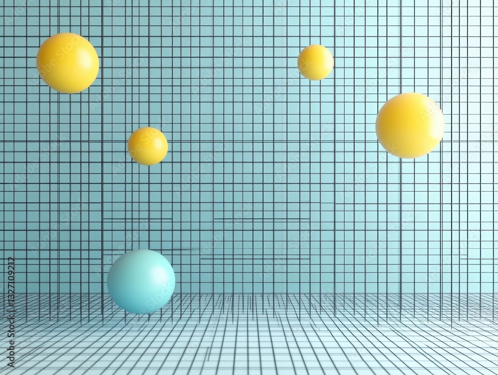 Poster geometric spheres on grid background creating a modern and playful composition with a light blue bac