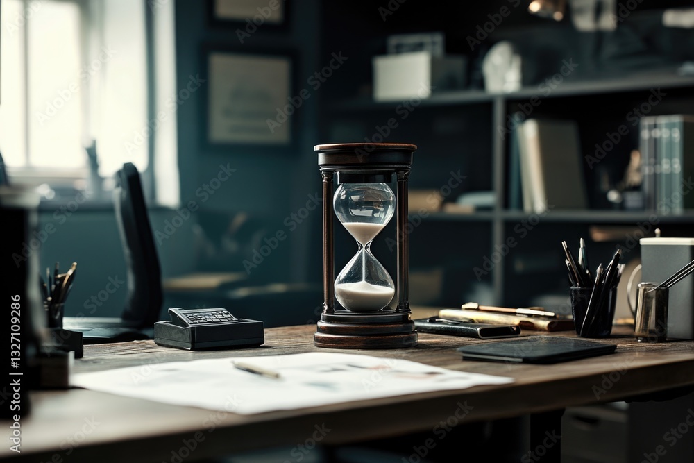 Poster an hourglass sitting on a wooden desk, perfect for adding a touch of elegance to any setting
