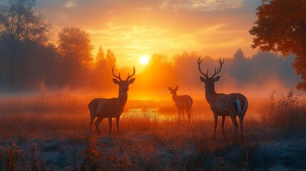 Naklejka premium Misty morning in a meadow with deer grazing at sunrise capturing peaceful wildlife coexistence. Generative AI