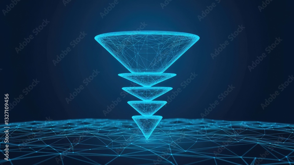 Poster digital social media sales funnel in blue technological polygons on dark background. marketing abstr