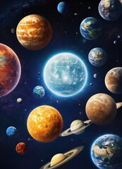 An abstract illustration of a space full of planets and stars. Generative AI. 4k Wallapper.