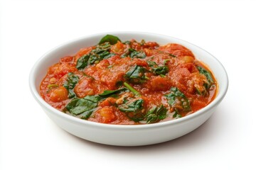 Appetizing potato gnocchi with vibrant tomato sauce and fresh spinach leaves presented in white bowl