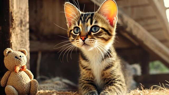 A playful tabby kitten gazes curiously at a teddy bear in a sunlit barn setting