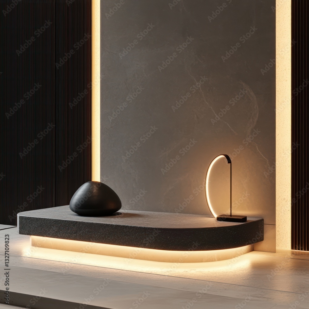 Aufkleber interior design showcase stone platform featuring decor object and modern light illuminating elegant