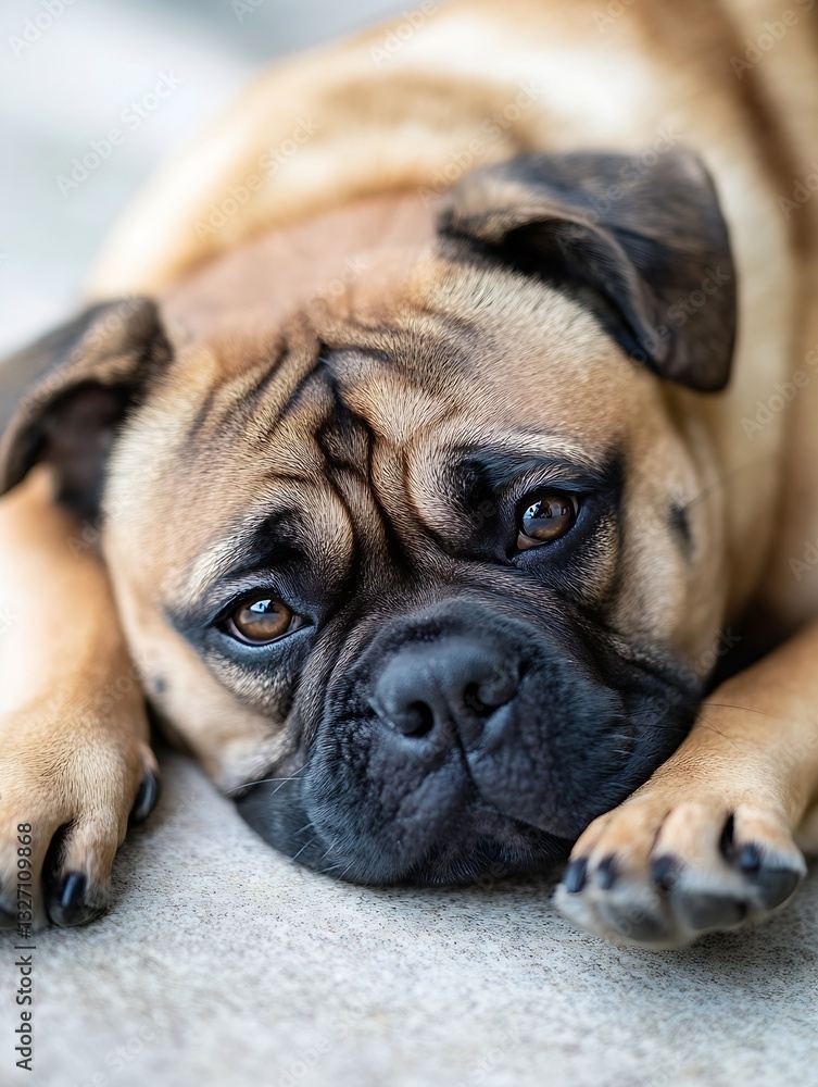 Poster adorable closeup of a soulful pug dog laying on a soft surface with captivating brown eyes : generat