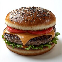 A scrumptious hamburger isolated on a bright white background displaying its delicious ingredients and realistic presentation