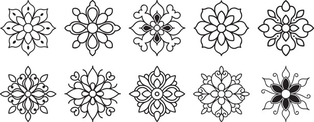 Floral Mandala Silhouette Set, Vector Decorative Ornament, Abstract Flower Design, Black and White Pattern