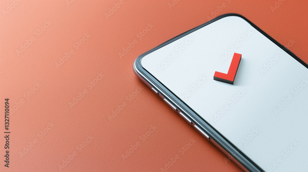 Poster digital affirmation: a close-up shot of a smartphone screen displays a vibrant red checkmark, signif