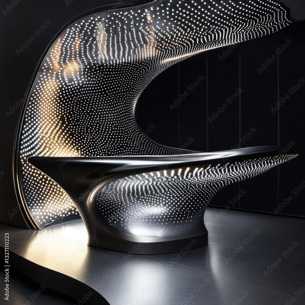 Poster Futuristic exhibition design with illuminated structure and sculptural form in dark setting