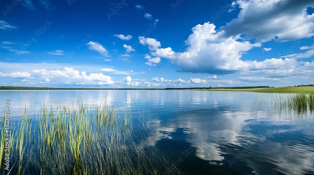 Poster stunning serene lakeside view with lush grass and white clouds reflecting in the water : generative 