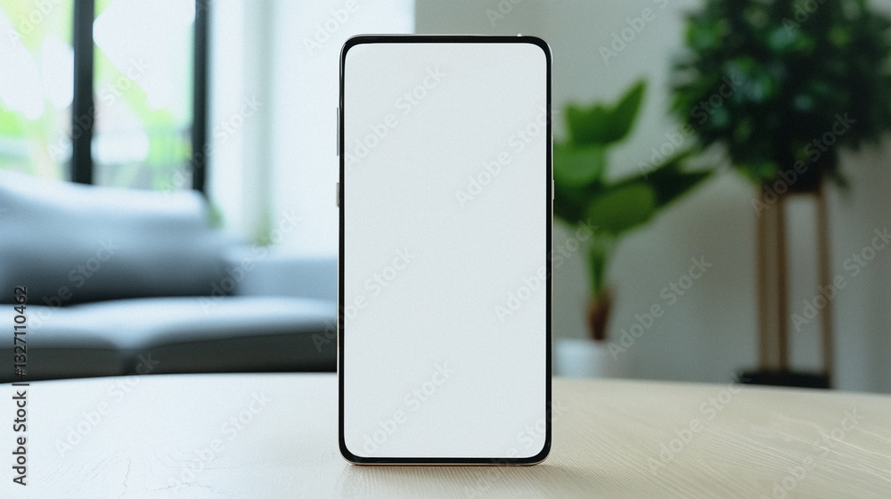 Poster smartphone display mockup: a sleek smartphone with a blank display stands on a wooden table in a mod