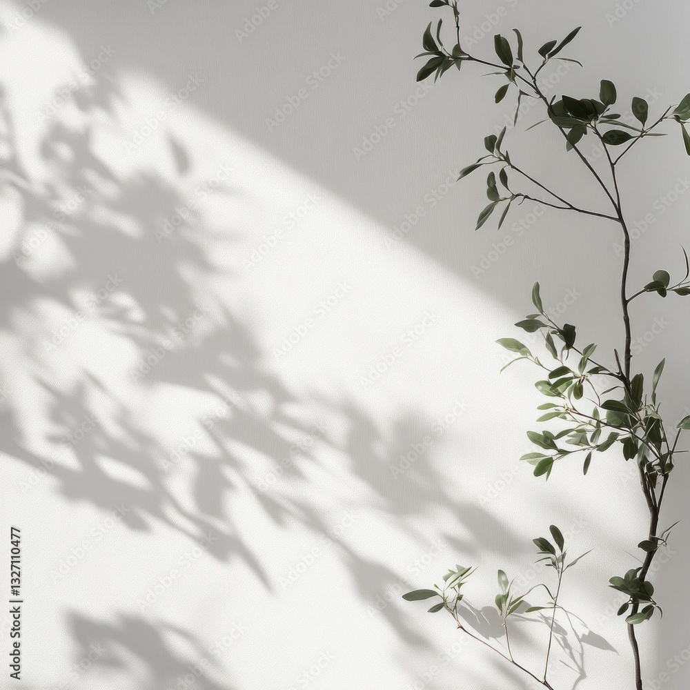 Poster serene botanical setting with verdant leaves against a textured wall bathed in soft light and shadow
