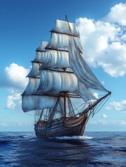 Majestic Tall Ship Sailing on the Open Ocean Under a Blue Sky with White Clouds Maritime Adventure
