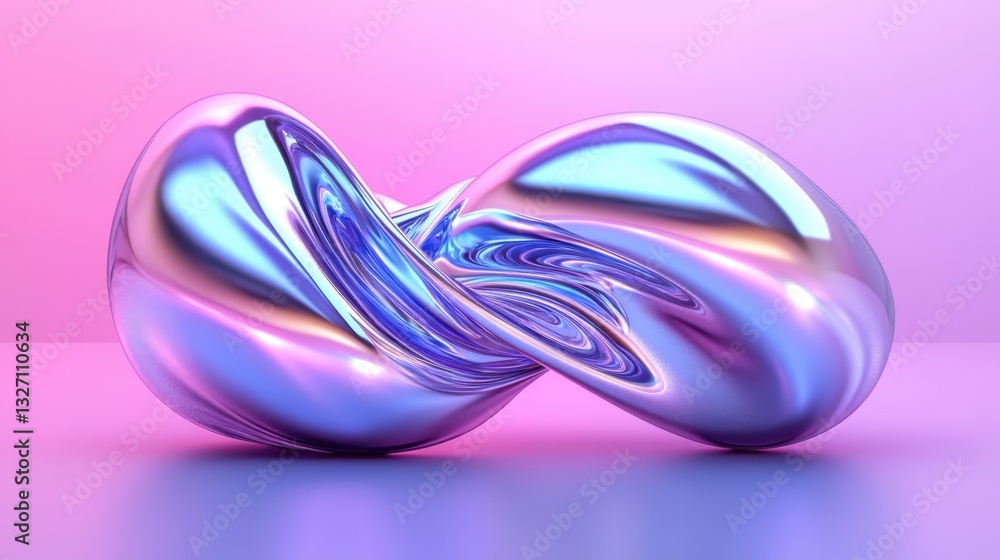 Poster abstract iridescent metallic shape on pastel pink background creating a modern art design and smooth