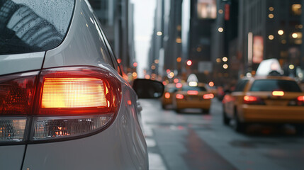 Fototapeta premium Close-up of a taxi waiting at a red light in a busy city street