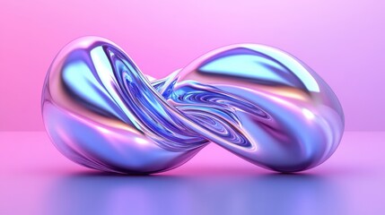 Abstract iridescent metallic shape on pastel pink background creating a modern art design and smooth surface with light reflection and soft shadows