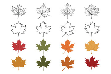 Set of Beautiful realistic maple autumn leaf in black isolated on white. Hand drawn vector sketch illustration in doodle engraved vintage line art style. Autumn leaves with dots, botanical drawing