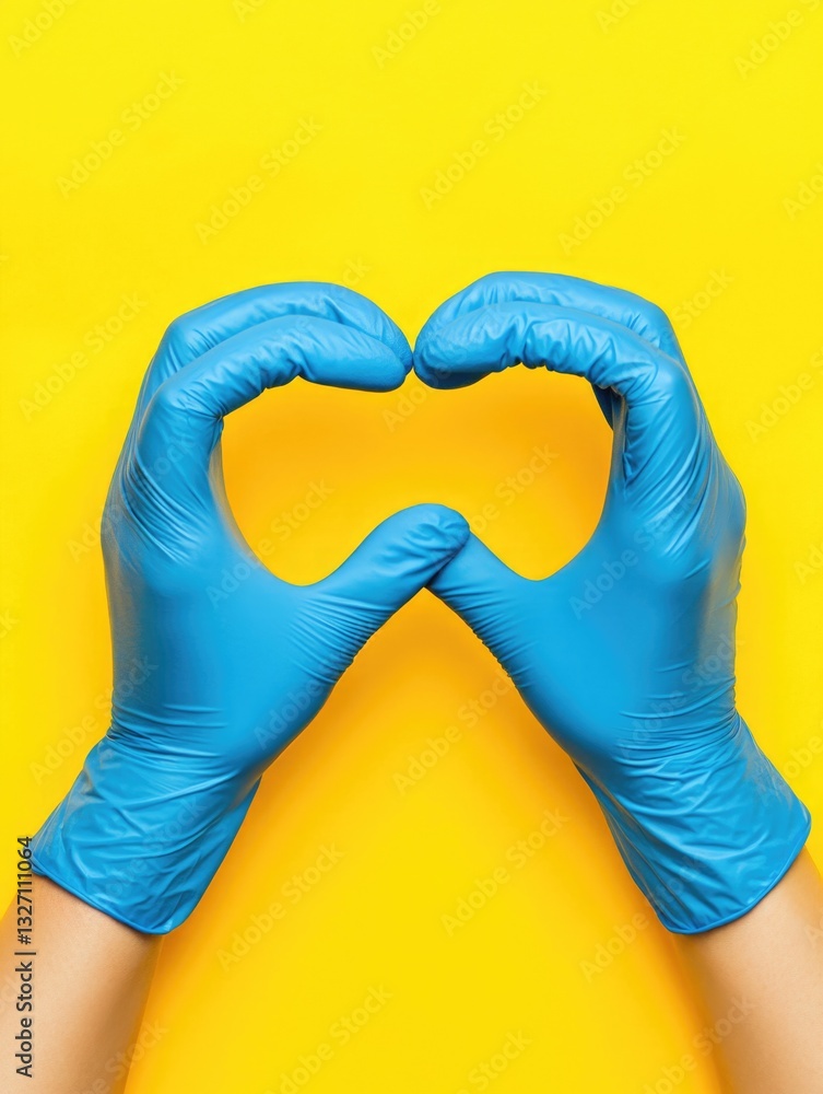 Poster A person creating a heart shape with their hands using blue gloves