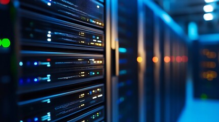 High tech data center with illuminated server racks showcasing advanced technology and connectivity : Generative AI